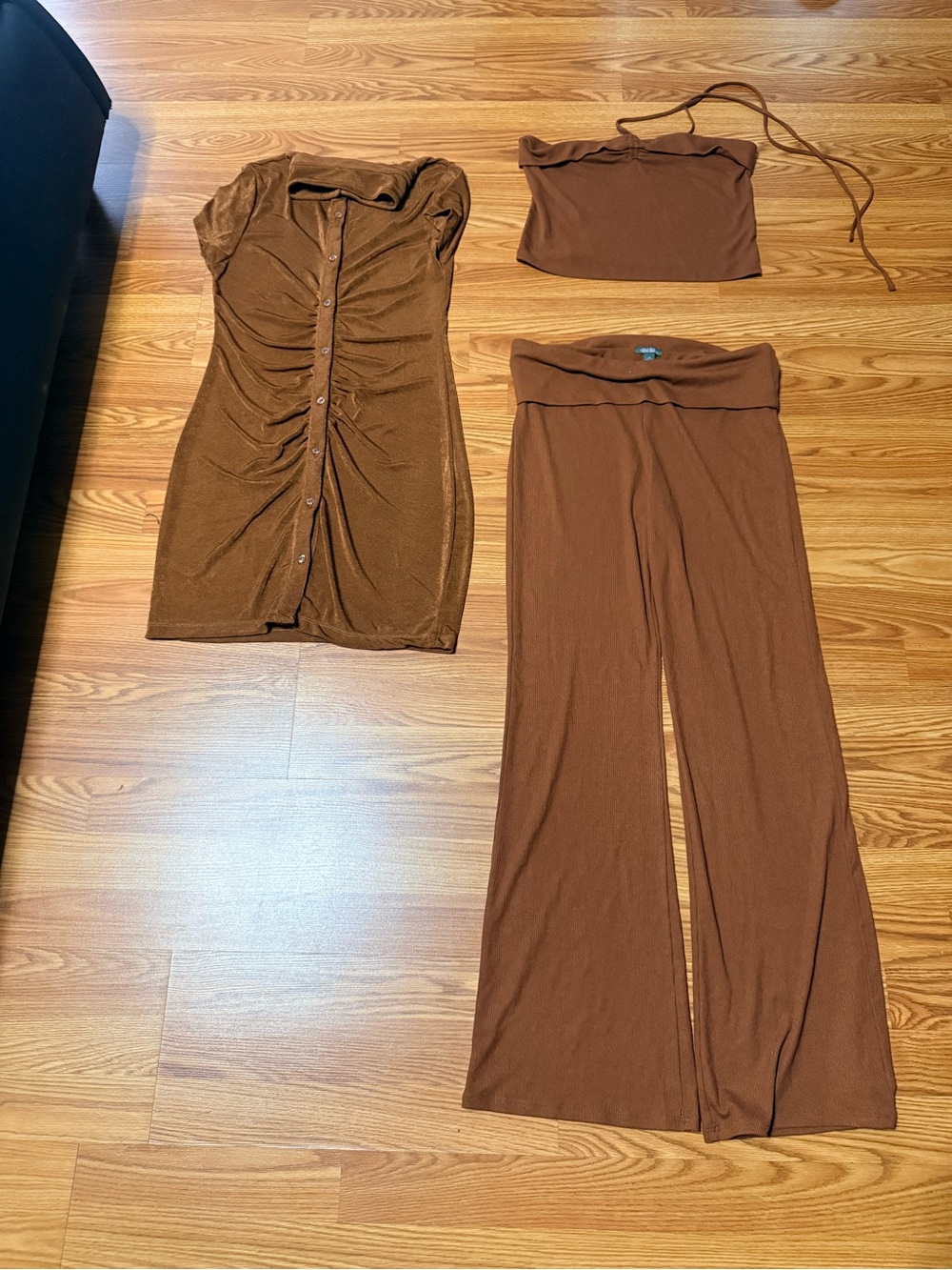 Brown Button Front Dress, Tube Top & Wide Leg Pants